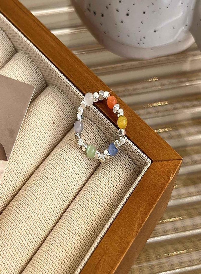 Eviarli Boho Crystal Bead Stretch Ring Beaded Stackable Ring Silver Bead Elastic Finger Ring Rainbow Bead Elastic Ring Handmade Stacking Ring Jewelry for Women (Style A) - Image 4
